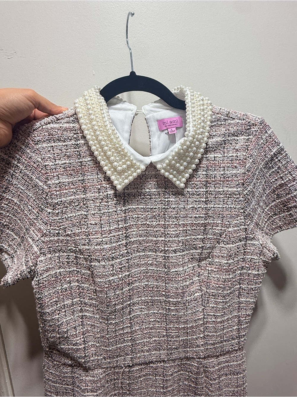 NEW! Francesca's Collections Pink & White Pearl-Collar Tweed Mini Dress - Picture 5 of 7